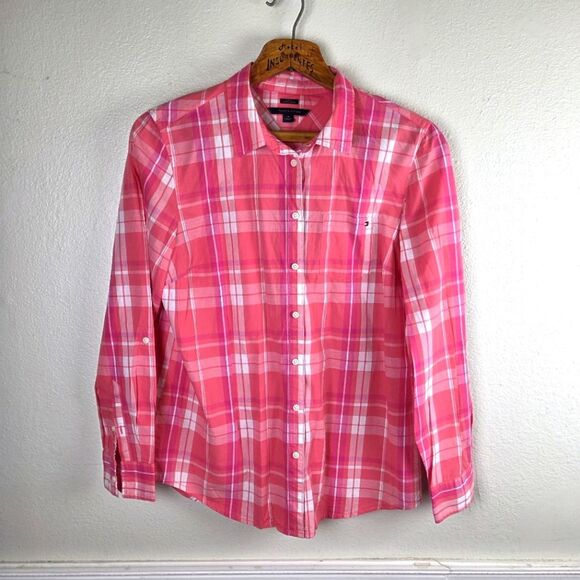 Tommy Hilfiger Women's Classic Fit Button Down Roll Tab Pink Plaid Shirt Large - Picture 1 of 9